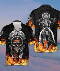 Racing Indian Skull Fire Hawaiian Shirt Flame Skull Biker Shirt Gifts For Him