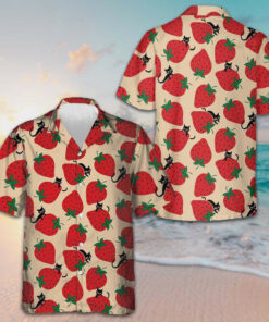 Strawberry And Cat Seamless Pattern Hawaiian Shirt Beach Button Up Shirts Men's Gift