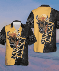 Native American Forest Bison Hawaiian Shirt Black And Yellow Button Up Shirt Men's -WearandDecor