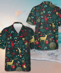 Christmas Golden Reindeer Pattern Hawaiian Shirt Adult Christmas Shirt Gifts For Your Boyfriend -WearandDecor