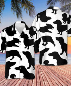 Black And White Dachshunds Pattern Hawaiian Shirt Vacation Button Up Shirt Dog Lovers Gifts -WearandDecor