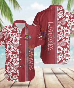 Latvia Coat Of Arms Hibiscus Pattern Hawaiian Shirt Latvian Clothing Gifts For Summer -WearandDecor