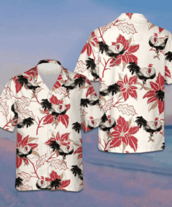 Christmas Rooster And Poinsettia Hawaiian Shirt Funny Chicken Shirt Gifts For Xmas -WearandDecor