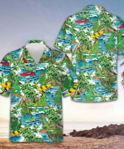 Surfing Dinosaur Hawaiian Shirt Short Sleeve Button Up Beach Shirts Gifts For Dinosaur Lovers -WearandDecor