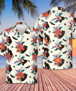 Black Bats And Cats Hawaiian Shirt Beach Button Up Shirts For Men Gifts For Boyfriend -WearandDecor