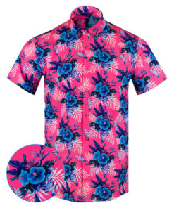 Hibiscus Pink Button Down Shirt Tactical Tropical Print Shirt Gifts For Gun Lovers