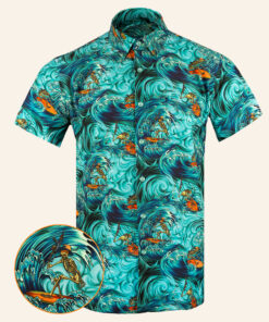 Surfs Up Teal Button Down Shirt Tactical Shirt Hawaii Style Birthday Gift For Husband