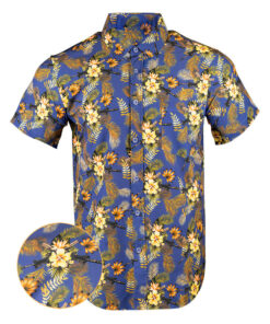 Tropics Blue Gold Button Down Shirt Tactical Aloha Print Shirt Pro Gun Merch Gifts For Dudes -WearandDecor