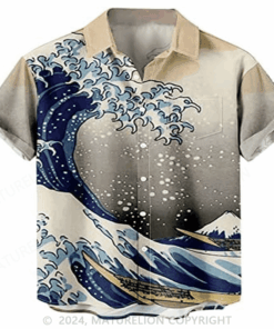 Beach Wind Harajuku Anime Wave Pattern Hawaiian Shirt Sarcastic Graphic Tee for Men Funny Quo