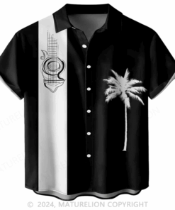 Vintage Color Block Coconut Tree Print Button Down Hawaiian Shirt Funny Graphic Tee for Men W
