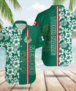Custom Mexico Coat Of Arms Hibiscus Pattern Hawaiian Shirt Beach Button Up Gifts For Mexican