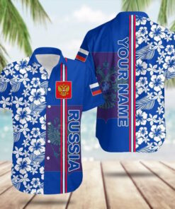Custom Russia Coat Of Arms Hibiscus Pattern Hawaiian Shirt Summer Gifts For Russian