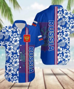 Russia Coat Of Arms Hibiscus Pattern Hawaiian Shirt Summer Button Up Gifts For Russian