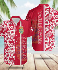 Custom Denmark Coat Of Arms Hibiscus Pattern Hawaiian Shirt Gifts For Someone In Denmark