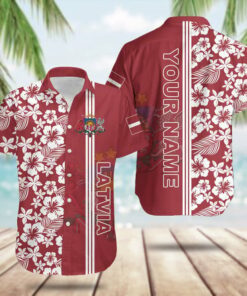 Custom Latvia Coat Of Arms Hibiscus Pattern Hawaiian Shirt Summer Button Up Gifts For Latvian