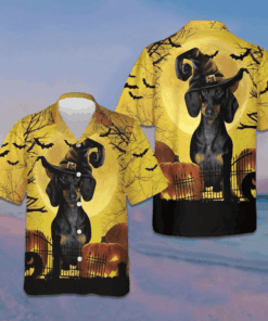 Halloween Dachshund In witch Hat Hawaiian Shirt Halloween Button Up Shirt Gift Ideas