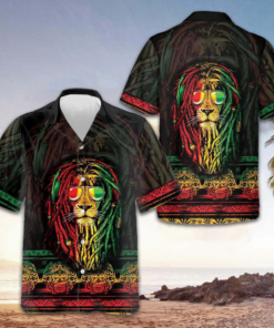 Rasta Lion With Cannabis Marijuana Lion Hawaiian Shirt Men's Tropical Button Down Gift Ideas