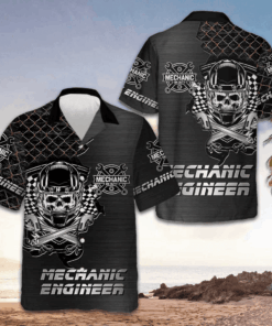 Mechanic Engineer Skull Hawaiian Shirt Men's Short Sleeve Button Up Best Gifts For Mechanics