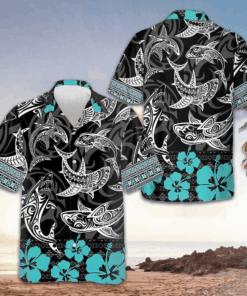 Polynesian Shark Hawaiian Shirt Men's Tropical Button Up Shirt Gifts For Boyfriend