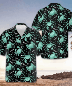 Green Crab Hawaiian Shirt Men's Short Sleeve Button Up Beach Shirts Gifts For Crab Lovers
