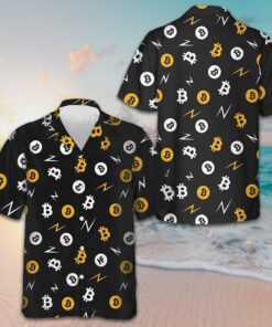 Bitcoin Seamless Pattern In Black Background Hawaiian Shirt Men's Button Down Short Sleeve
