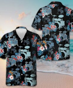 Blue Tropical Flower Drum Hawaiian Shirt Summer Button Up Shirt Best Gifts For Drummers