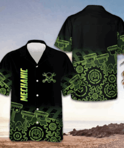 Green Steampunk Mechanic Hawaiian Shirt Vacation Button Up Shirt Gifts For Mechanic