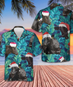 Black Cows Wear Santa Hat Hawaiian Shirt Tropical Leaves Pattern Christmas Shirt Gifts For Men