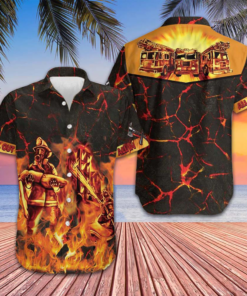 All In All Out Firefighter Hawaiian Shirt Fire Truck On Flame Firefighter Shirt For Men
