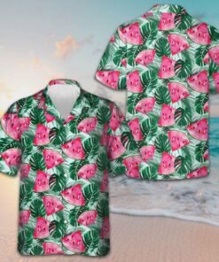 Tropical Palm Leaves Watermelon Hawaiian Shirt Beach Button Down Gifts For Watermelon Lovers