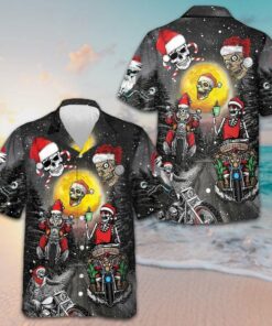 Santa Skeleton Merry Christmas Hawaiian Shirt Santa Riding Motorcycle Xmas Shirt Gifts For Men