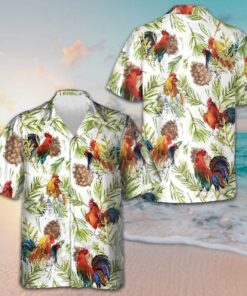 Chicken With Tropical Plants Hawaiian Shirt Chicken Lovers Button Up Vacation Shirts Men's