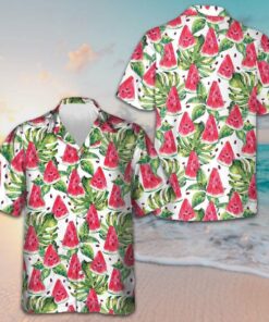 Watermelon And Tropical Leaves Hawaiian Shirt Beach Button Up Shirts Men's Present For Husband