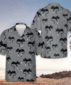 Black Cat With Knife Hawaiian Shirt Horror Button Up Shirts Gift Ideas For Cat Lovers