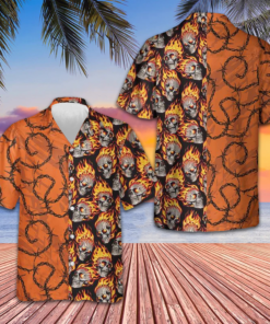 Barbwire Fire Skull Biker Motorcycle Hawaiian Shirt Short Sleeve Button Up Men Gift For Bikers