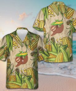 Sloth And Corn Hawaiian Shirt Beach Short Sleeve Button Up Shirt Gifts For Boyfriend