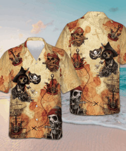 Pirate Skull Treasure Hunt Hawaiian Shirt Beach Button Up Shirt Best Friend Presents