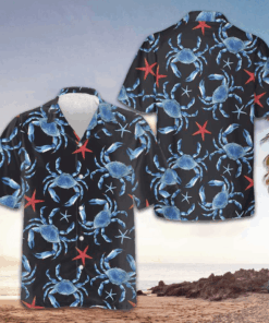 Blue Crab And Starfish Pattern Hawaiian Shirt Crab Lovers Summer Button Up Shirts Men's