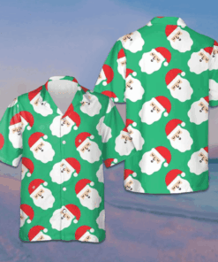 Santa Claus Bright Seamless Pattern Hawaiian Shirt Funny Santa Green Button Up Gifts For Xmas