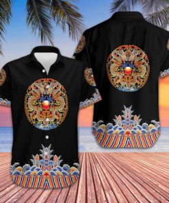 Symmetrical Chinoiserie Dragon Black Hawaiian Shirt Button Up Summer Shirts For Men