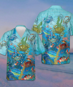 Underwater World Crab Hawaiian Shirt Crab Lovers Button Up Beach Shirts Men
