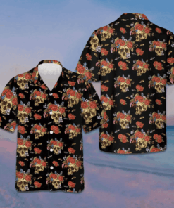 Skulls And Flowers Day Of The Dead Hawaiian Shirt Short Sleeve Button Up Men Gift Ideas