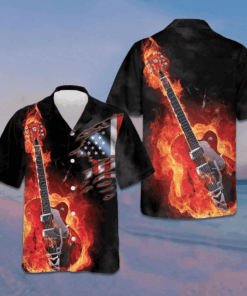 Guitar On Fire Hawaiian Shirt American Flag Button Up Shirts For Men Gifts For Guitar Lovers