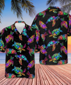 Boho Style Sea Turtle Hawaiian Shirt Men's Vacation Button Up Gifts For Sea Turtle Lovers