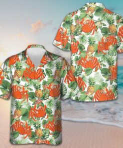 Crab And Tropical Pineapple Pattern Hawaiian Shirt Beach Short Sleeve Button Up Shirt Men's