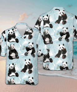 Panda On Palm Leaves Hawaiian Shirt Panda Lovers Men's Beach Shirts Button Up Gift Ideas