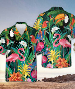 Flamingo Tropical Hawaiian Shirt Men's Beach Button Up Shirts Gifts For Family