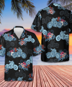 Biker Blue Tropical Flower Pattern Hawaiian Shirt Men's Gifts For Motorcycle Enthusiasts
