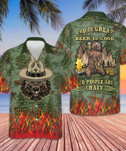 Camping Sheriff Bear Drink Beer Hawaiian Shirt God Is Great Beer Is Good And People Are Crazy