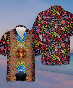 Vibrant Color Hippie Hawaiian Shirt Peace Sign Pattern Shirt Gifts For Boyfriend